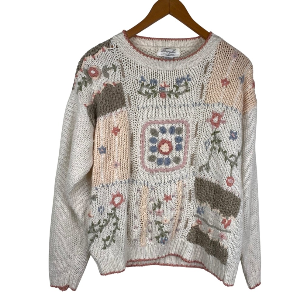 Margules Women's Sweater Sz M Embroidered Floral 3D Pastel Cottage Core Grandma